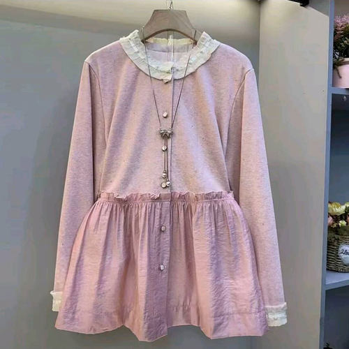 欧货洋气钉珠木耳边拼接长袖衫新