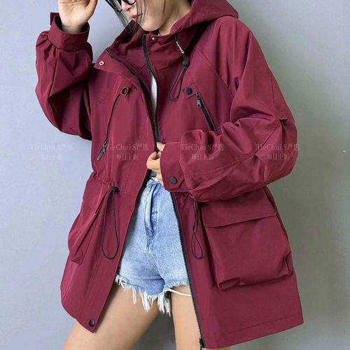 连帽收腰工装风衣外套棉服冲锋衣