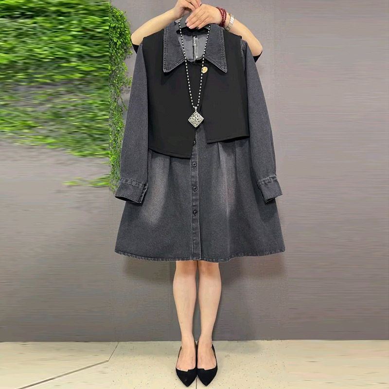 胖妹妹设计感不对称马甲翻领宽松牛仔裙套装2026春季新款大码女装,女装/女士精品,大码套装,淘宝优惠券,粉丝福利购,淘宝优惠卷