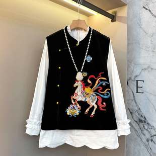 2026春季新款新中式刺绣彩色马马夹胖mm显瘦大码女装复古马甲内搭