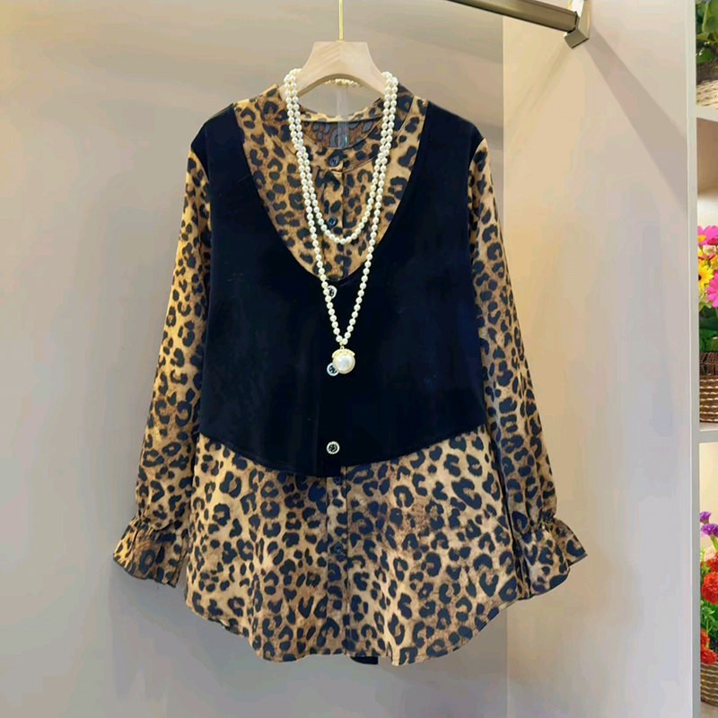 假两件大码女装碎花蝴蝶结上衣