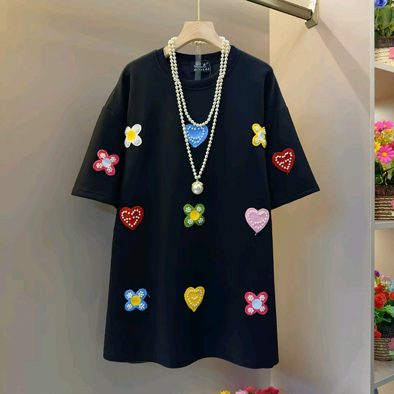 韩版糖果色爱心拼接甜美宽松T恤