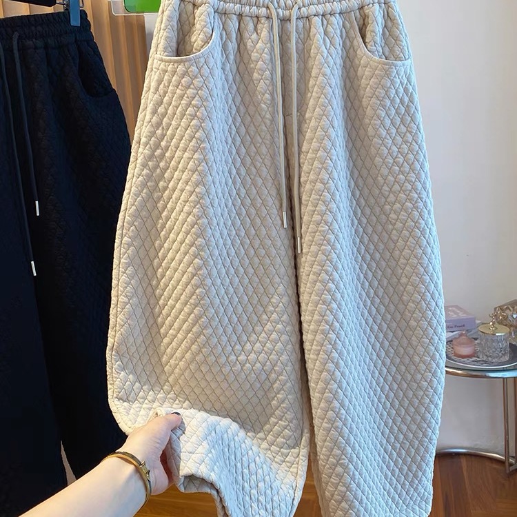 深圳南油~美式高级感阔腿裤女华夫格菱格哈伦裤宽松百搭直筒显瘦