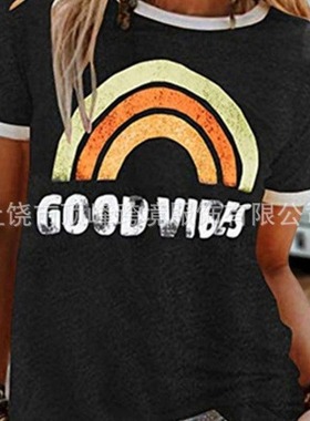 Tuoko2024亚马逊热卖爆款女上衣 GOOD VIBES彩虹图案印花圆领短袖
