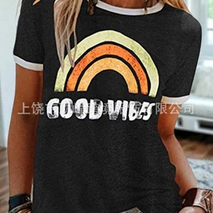 VIBES彩虹图案印花圆领短袖 Tuoko2024亚马逊热卖 GOOD 女上衣 爆款