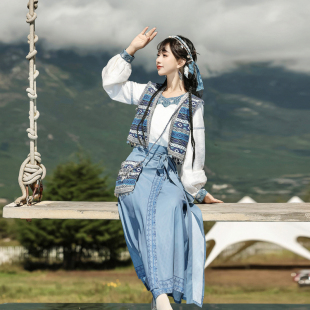 倚梦阁原创潋滟浮岚汉服女中国风汉元素包包马甲上衣旋裙套装9303