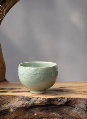 王振芳大师手工精雕主人杯弘宝汝窑茶具茶杯汝瓷雏菊杯收藏茶盏