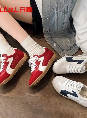 日泰红色真皮德训鞋女2025秋季新款潮流百搭阿甘鞋休闲运动小白鞋