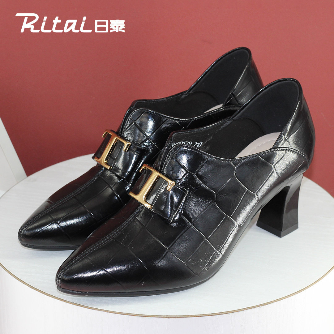 日泰高跟鞋女春季细跟2022新款英伦风漆牛皮皮鞋尖头真皮深口女鞋