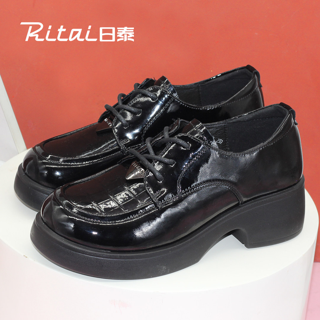 日泰女鞋2024春季新款系带漆皮软底乐福鞋英伦风厚底真皮小皮鞋女