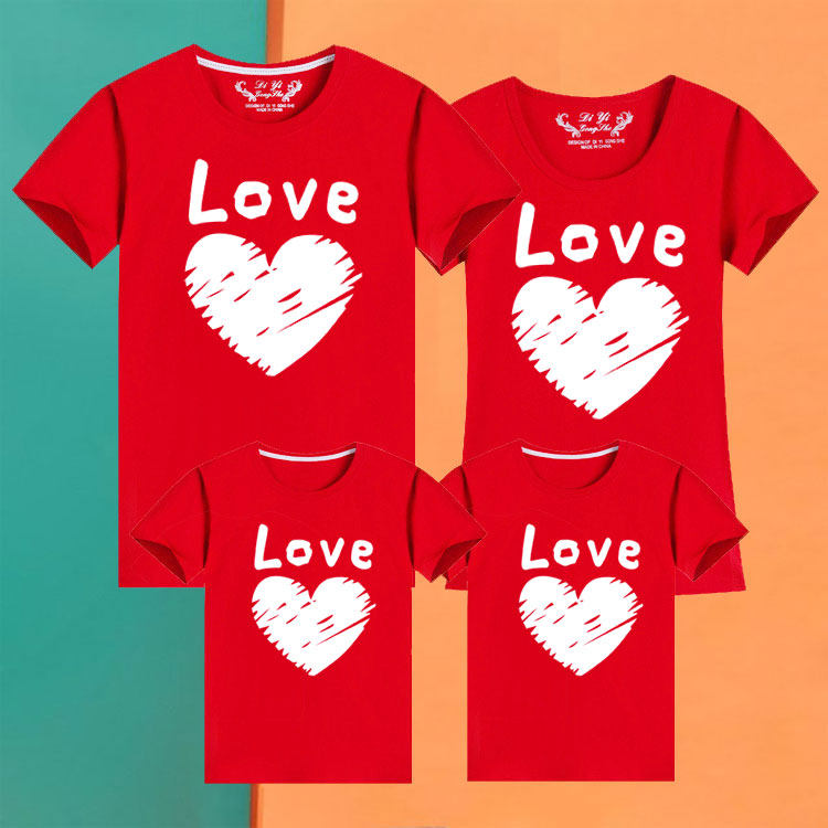 爱心LOVE亲子装短袖洋气一家三 四口家庭装幼儿园活动班服母女装T