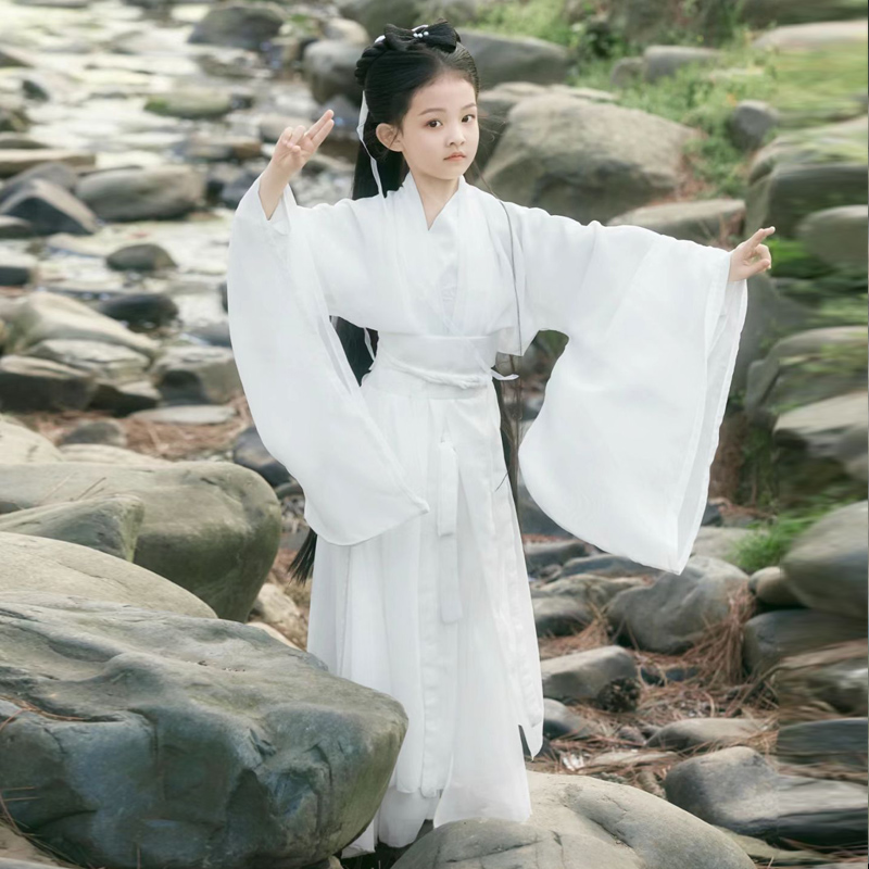 宝宝女童汉服夏季改良古风童装儿童古装演出服魏晋风仙侠白色套装