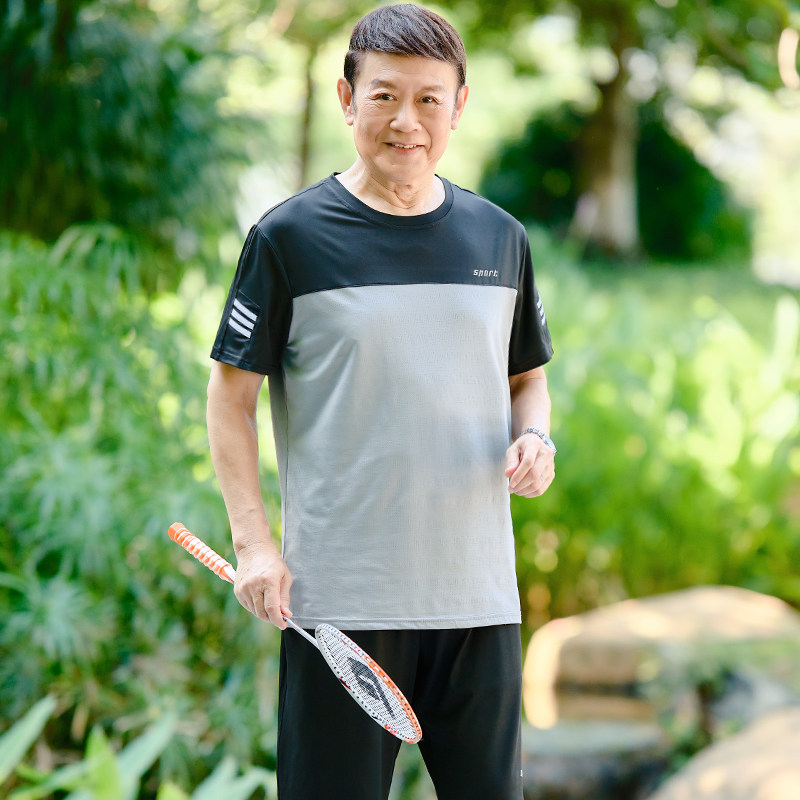 夏季男士冰丝短袖t恤套装休闲跑步运动速干两件套中青年爸爸夏装