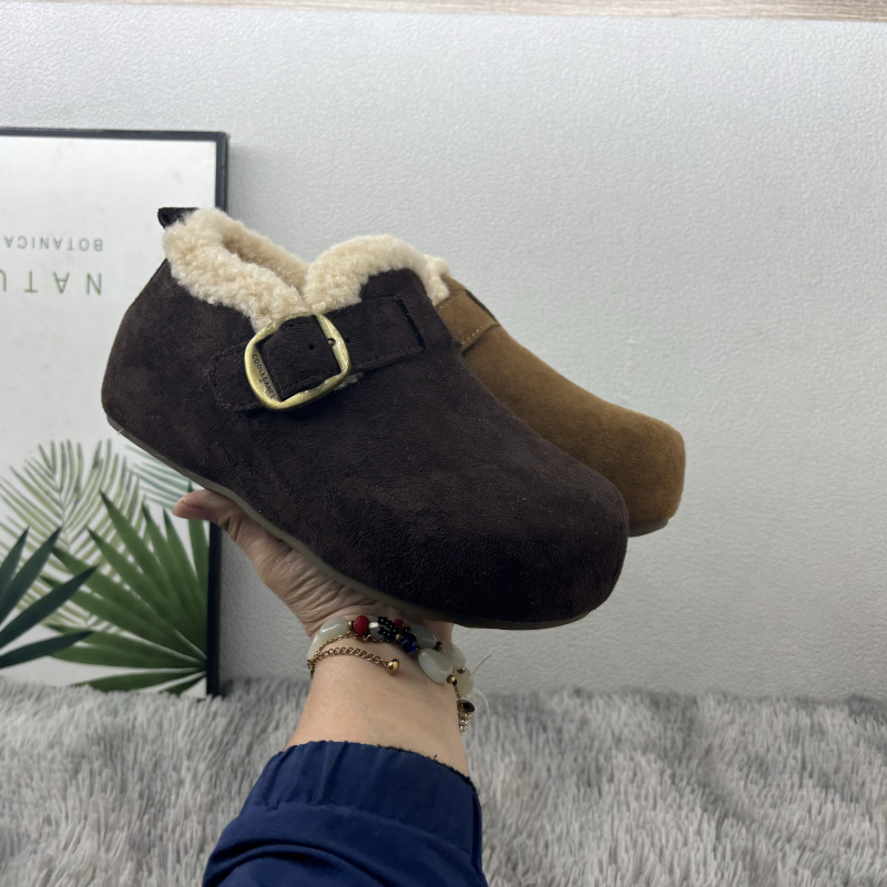断码处理绒面女鞋2025冬新款加绒勃肯鞋圆头搭扣毛绒内里保暖棉鞋