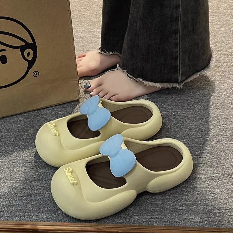 可爱甜美蝴蝶结包头凉鞋女玛丽珍洞洞鞋夏季双色女款外穿凉拖鞋