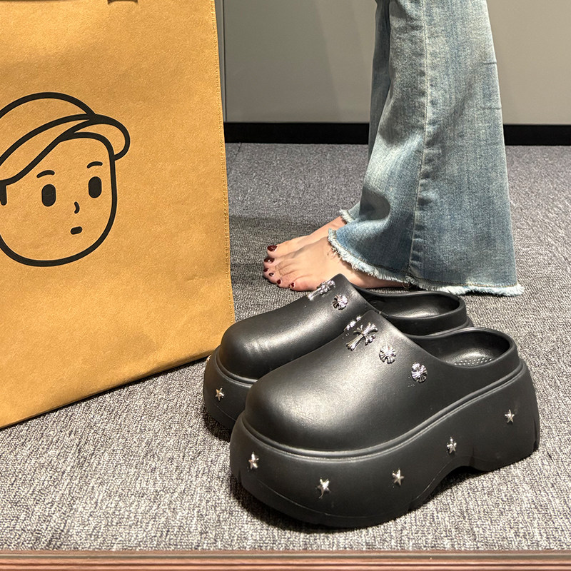 厚底防滑包头半拖鞋女外穿2025新款春季增高洞洞鞋设计感勃肯凉拖