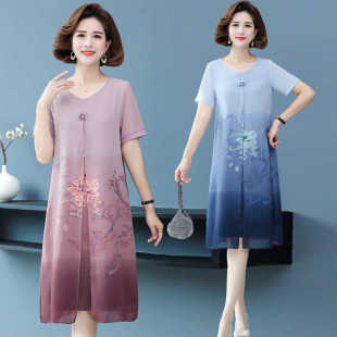 大码 洋气中长款 宽松假两件定位长裙子 雪纺连衣裙时尚 中年妈妈夏季