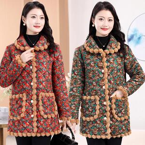 冬新款加绒加厚中长款棉衣中老年棉服洋气碎花保暖时尚棉袄妈妈装