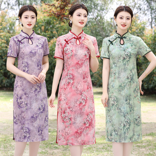 短袖 印花弹力夏装 改良旗袍妈妈连衣裙新中式 裙子大码 国风时尚 薄款