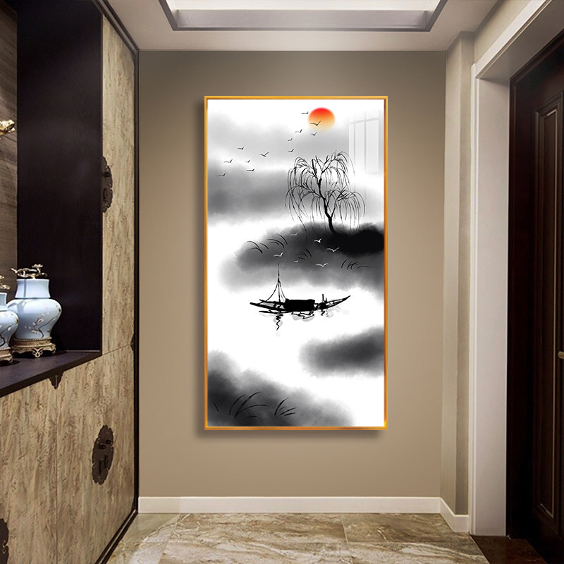 新中式壁画过道走廊墙画禅意水墨山水挂画现代简约入户玄关装饰画