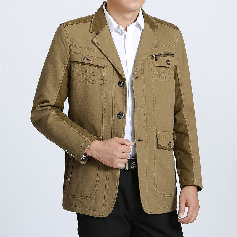 2021春秋装中年男士夹克衫休闲纯棉西装领外套大码爸爸装全棉茄克图片