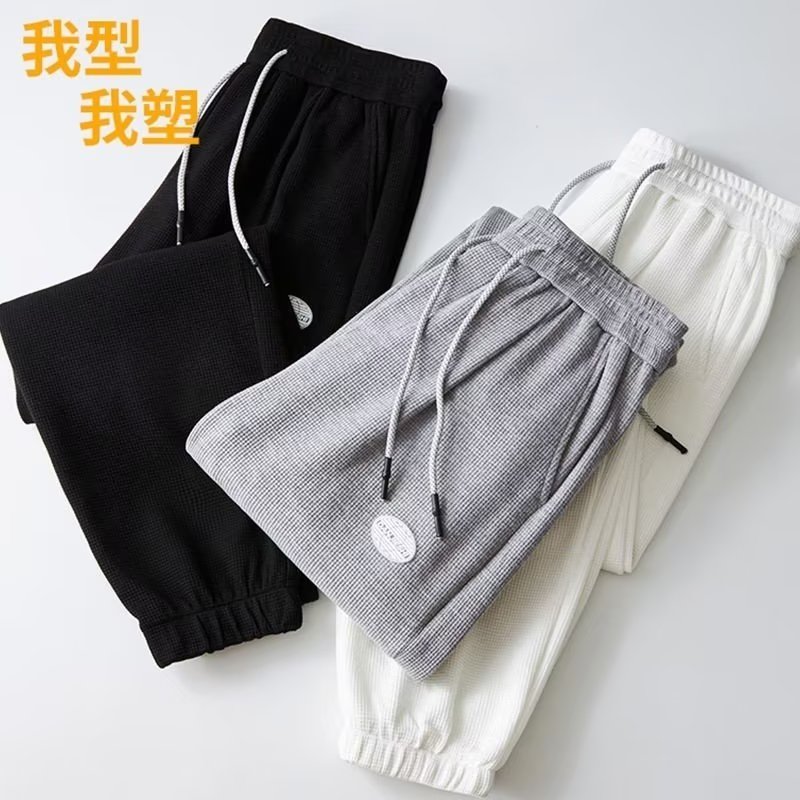 裤子男华夫格潮牌ins宽松春秋贴标休闲长裤运动潮流韩版束脚卫裤图片