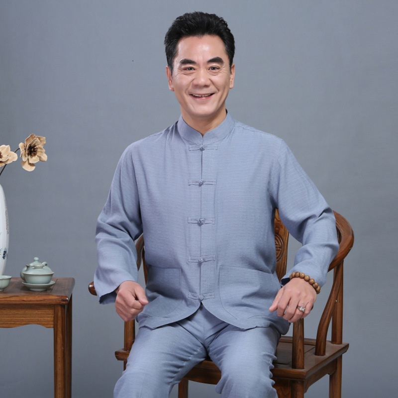 春秋唐装男套装中老年长袖亚麻衬衫中式大码爸爸装休闲风汉服，男装民族服装，星座1712-2