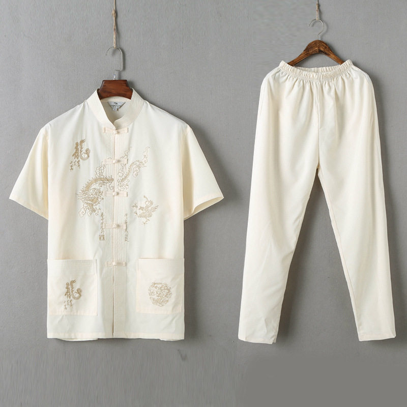 中老年短袖立领衬衫夏男式中式唐装刺绣宽松太极服酒店中国风汉服,男装民族服装,星座1712