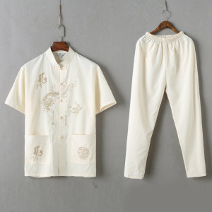 中老年短袖立领衬衫夏男式中式唐装刺绣宽松太极服酒店中国风汉服图片