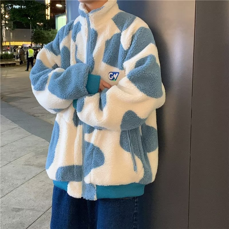 2022心碎创可贴奶牛纹双面穿羊羔毛外套可爱女休闲百搭男潮,男装棉衣,星座1712-2