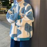2022心碎创可贴奶牛纹双面穿羊羔毛外套可爱女休闲百搭男潮，男装棉衣，星座1712-2