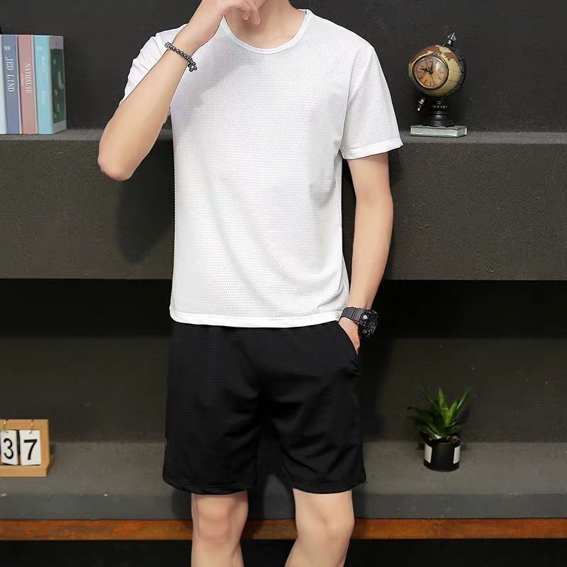 夏季冰丝网眼透气男士加肥加大码宽松运动裤休闲套装短袖五分裤子,男装休闲套装,星座1712-2