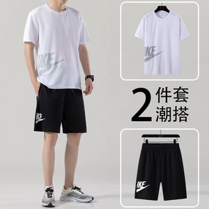 男士短袖t恤夏季潮流宽松大码休闲冰丝运动套装跑步健身速干衣服图片