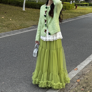 绿色清新网纱蓬蓬裙女旅游长裙仙女裙纱裙半身裙a字裙拼接蛋糕裙