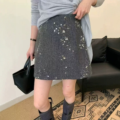 短裙包臀裙A字毛呢亮片半身裙