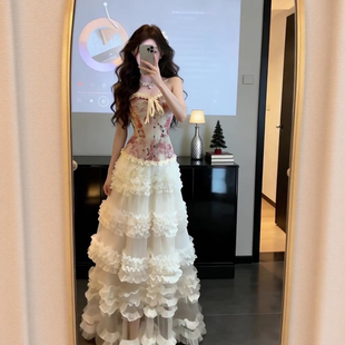 芭蕾风蕾丝拼接蛋糕半身裙女秋冬季木耳花边蓬蓬网纱裙罩仙女长裙