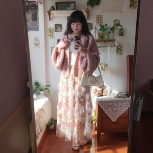 法式 不规则碎花蛋糕半身裙女秋冬超仙纱裙高腰显瘦a字网纱中长裙