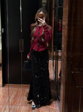 亮闪闪裙亮片裙黑色a字半身裙长裙女秋冬季2026新款高腰鱼尾半裙