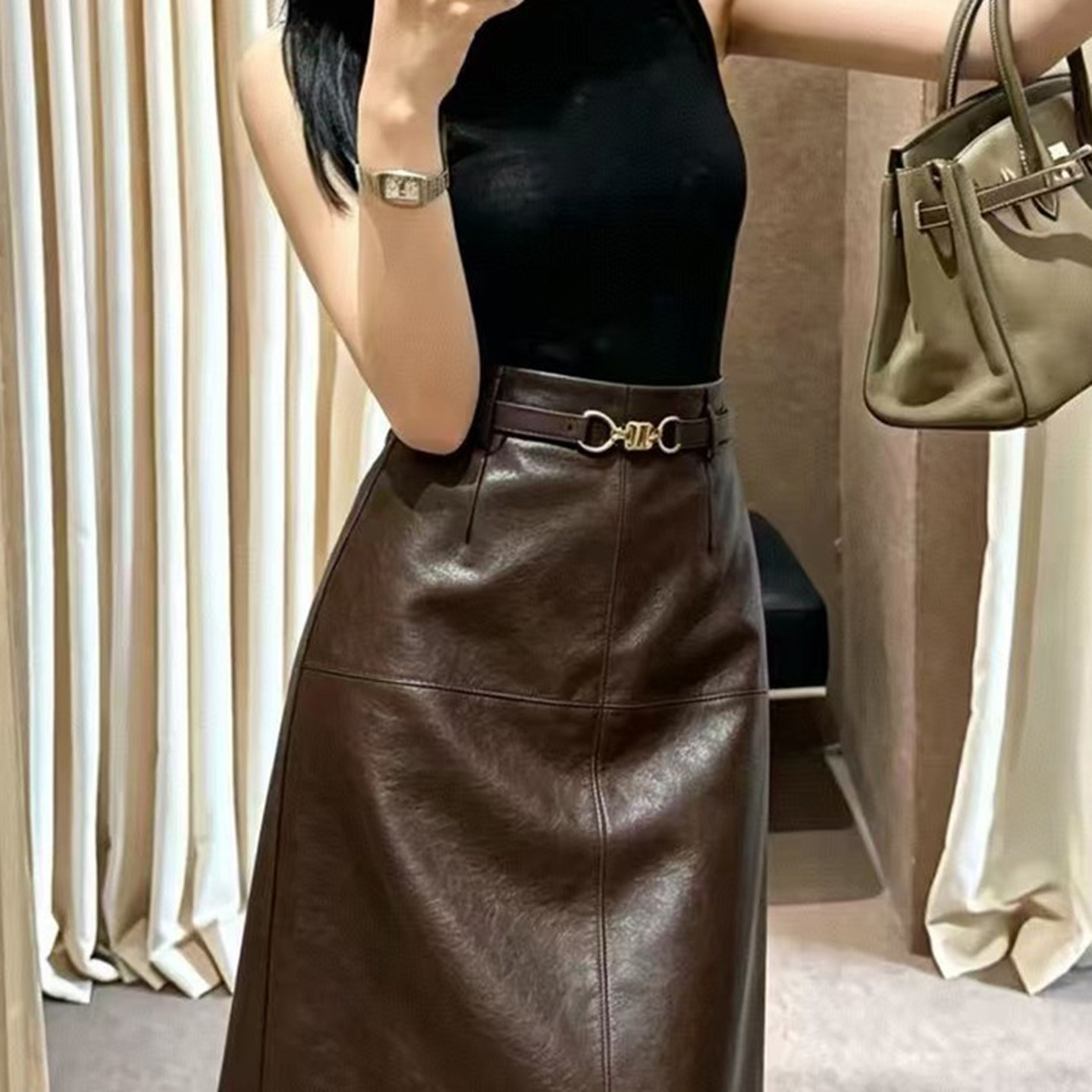 咖色皮裙半身裙女中裙高腰开叉a字裙秋冬遮肚子显瘦中长款包臀裙