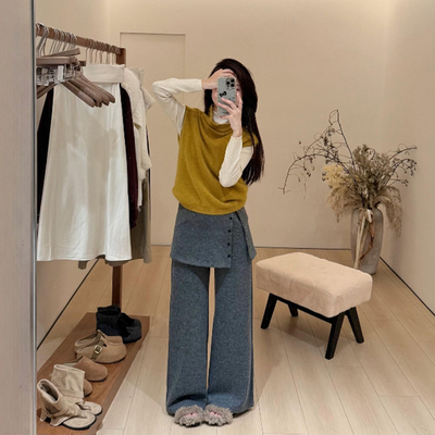 松紧腰休闲风长裤针织毛呢阔腿裤