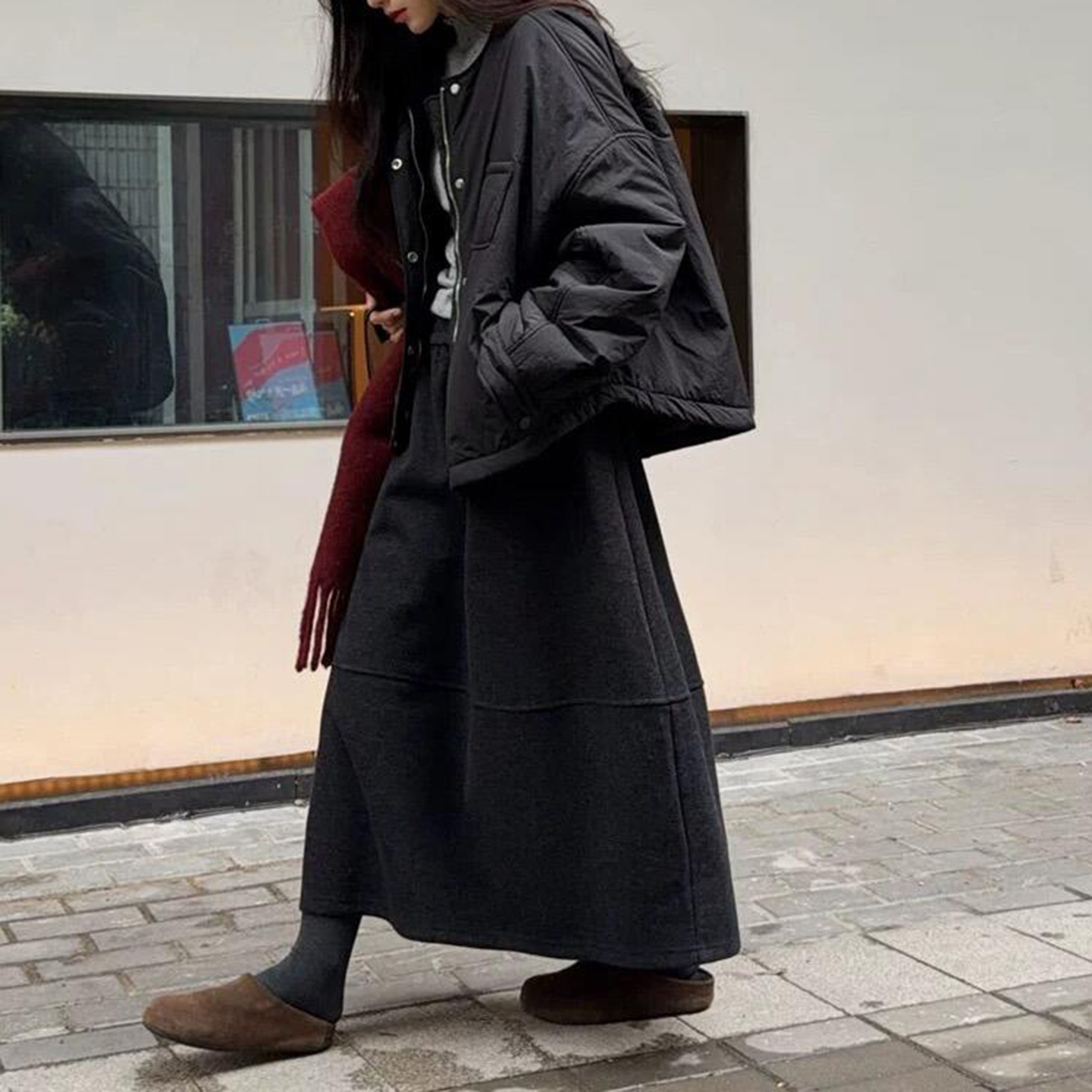 中长款宽松型A字毛呢半身裙