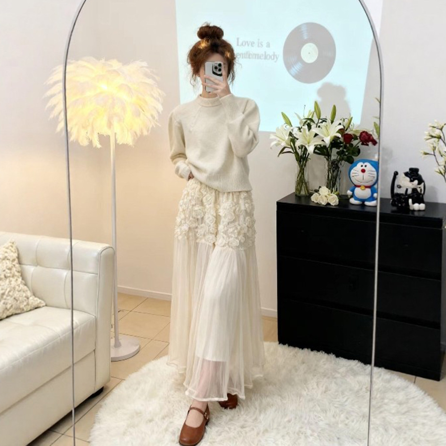 杏色蕾丝花朵拼接半身纱裙女春季气质长款大摆网纱高腰蓬蓬a字裙,女装/女士精品,半身裙,淘宝优惠券,粉丝福利购,淘宝优惠卷