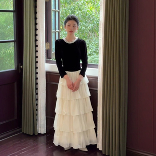 独特流行流光纱裙蛋糕欧根纱半身裙女春秋2025珠光裙松紧腰长裙子
