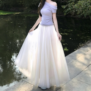 杏色高腰百褶蓬蓬半身裙女春夏季 内搭长裙打底网纱a字裙 2026新款