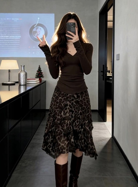 法式豹纹显瘦半身裙女2026秋季大码胖MM高腰设计感百搭气质裙子