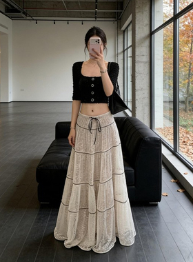 175加长高个子法式甜美蕾丝拼接网纱半身裙女春季纯欲风百搭A字裙