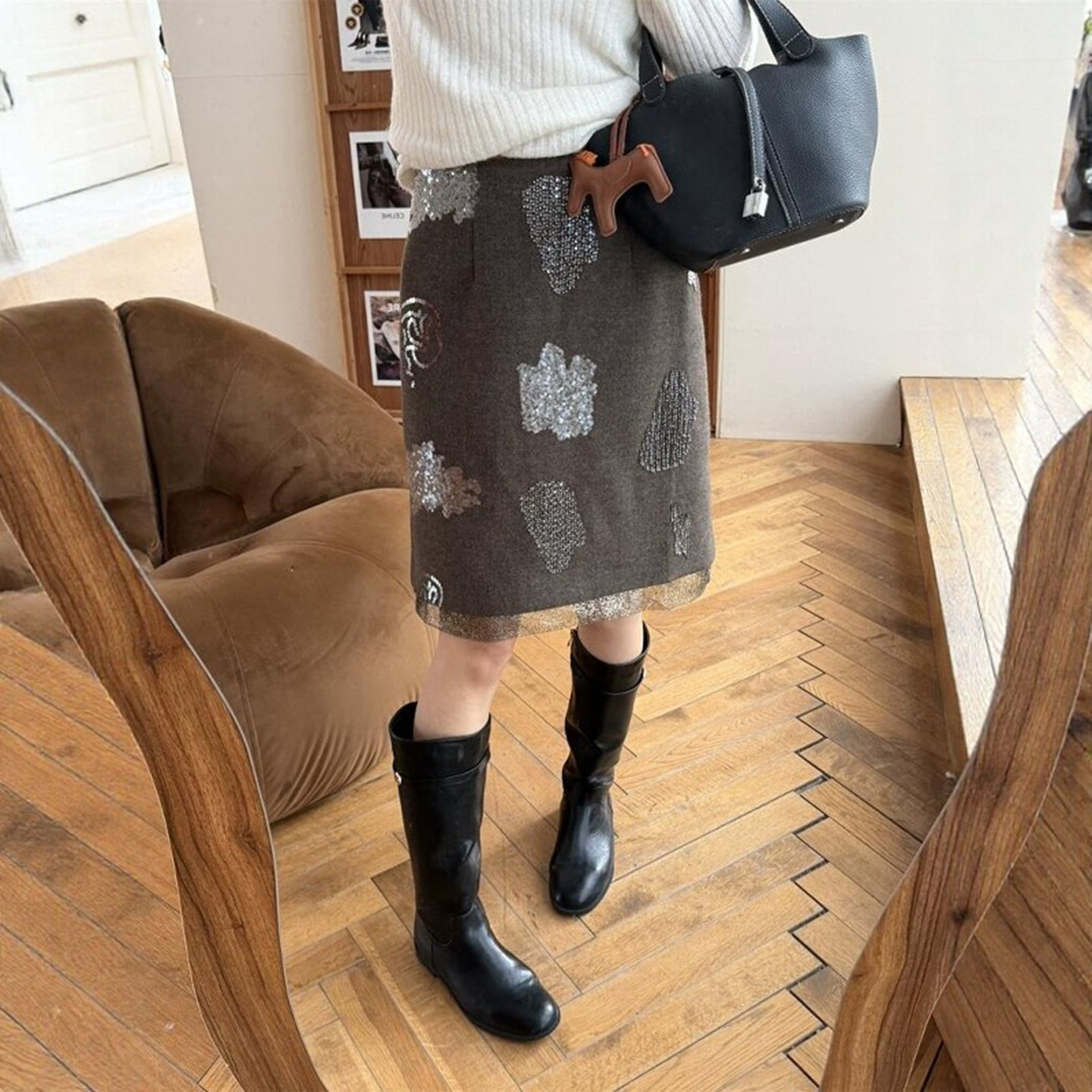 韩版重工亮片拼接蕾丝半身裙女2026冬季新款高腰时尚毛呢直筒中裙,女装/女士精品,半身裙,淘宝优惠券,粉丝福利购,淘宝优惠卷