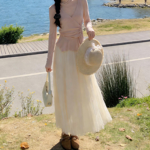 2026春季新款纱裙杏色网纱半身裙女垂坠感a字高腰长裙大摆蓬蓬裙