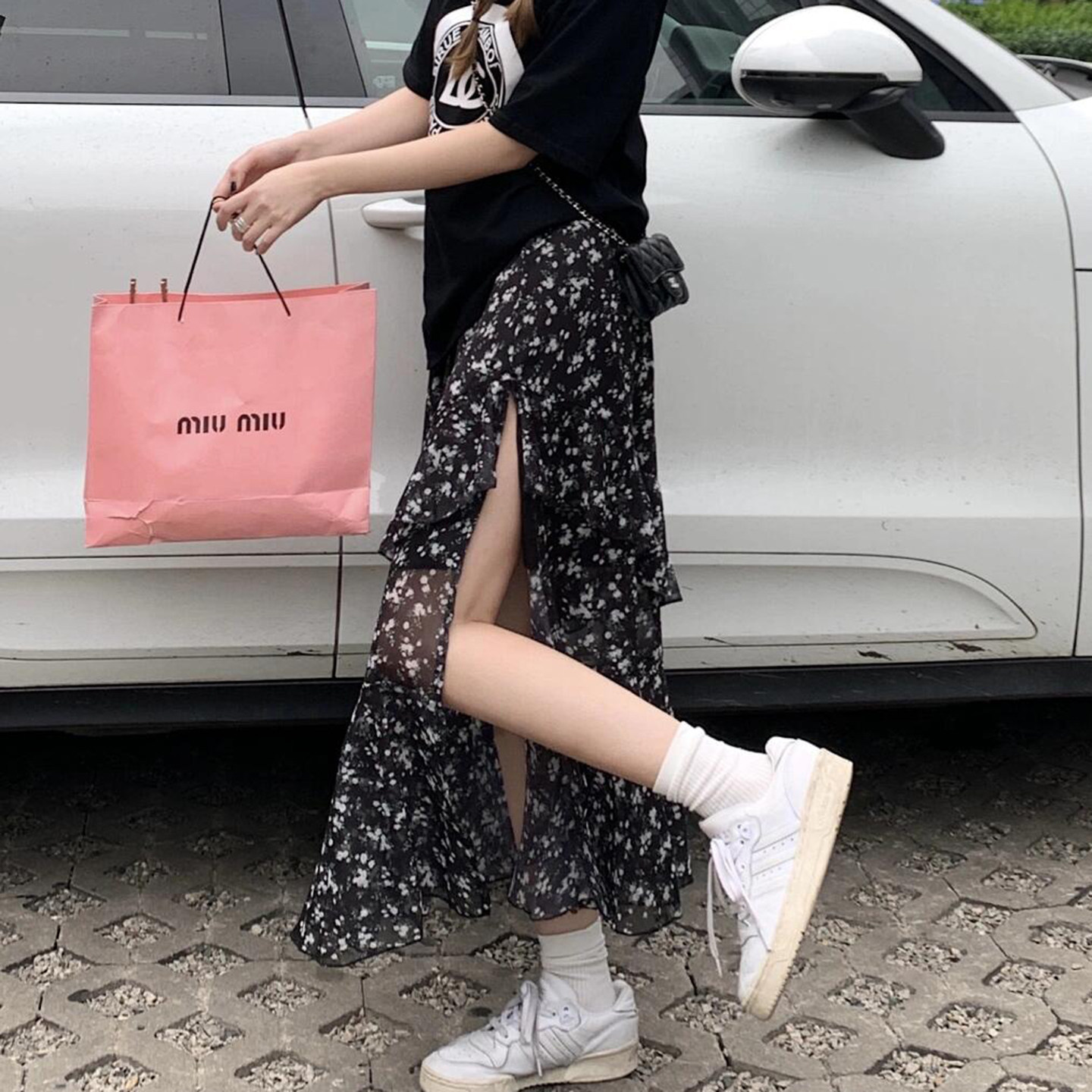 欧货碎花荷叶边开衩中长款半身裙女2026春夏复古百搭高腰性感长裙