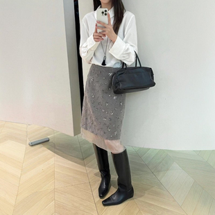 灰色重工钉珠毛呢半身中裙女2026秋冬新款 高级时髦减龄A字裙 法式